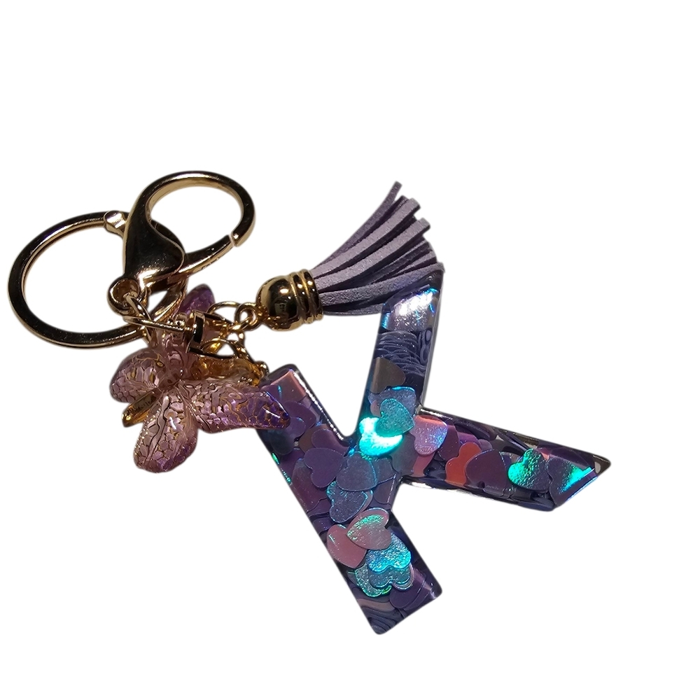 NWT Personalized Letter K Resin Keychain Iridescent Heart Bag Charm